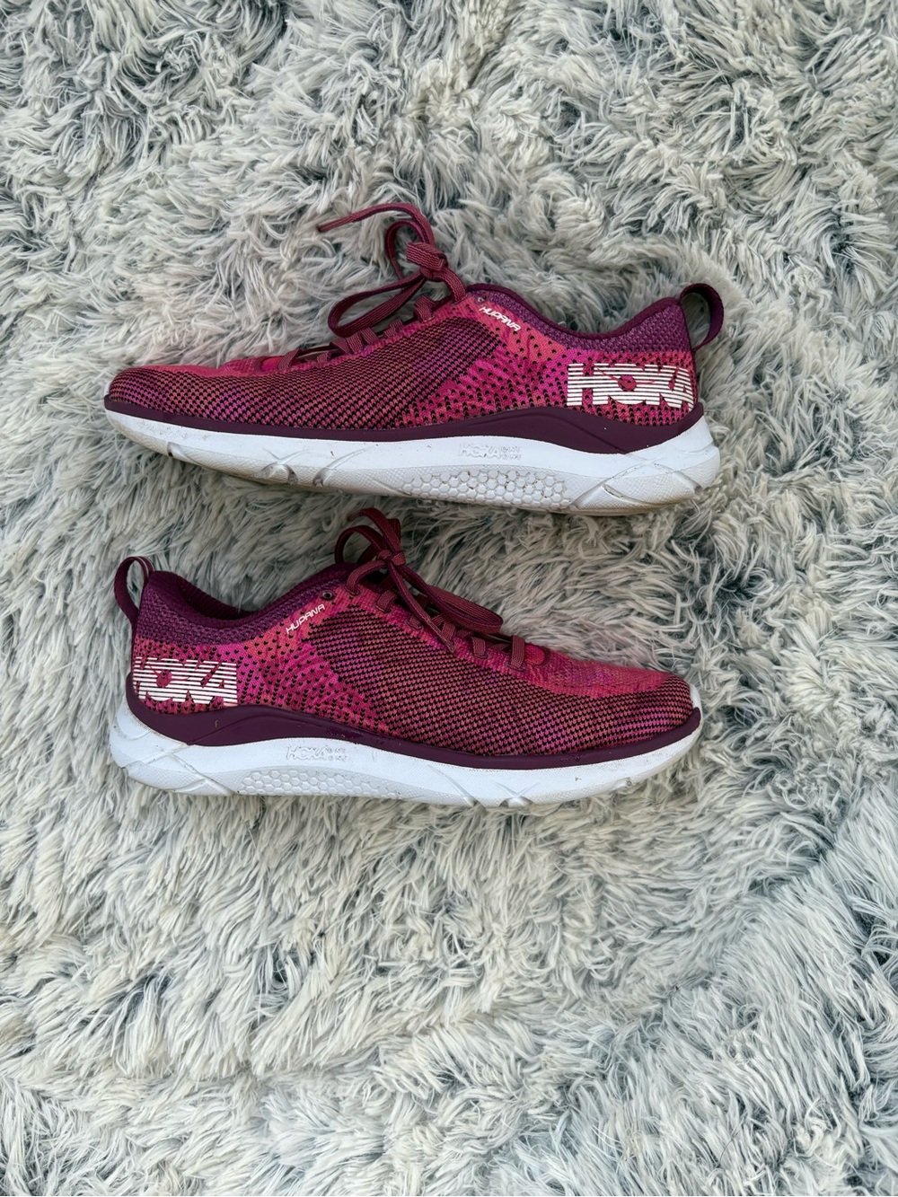 Hoka Burgundy and Pink Knit Running Sneakers